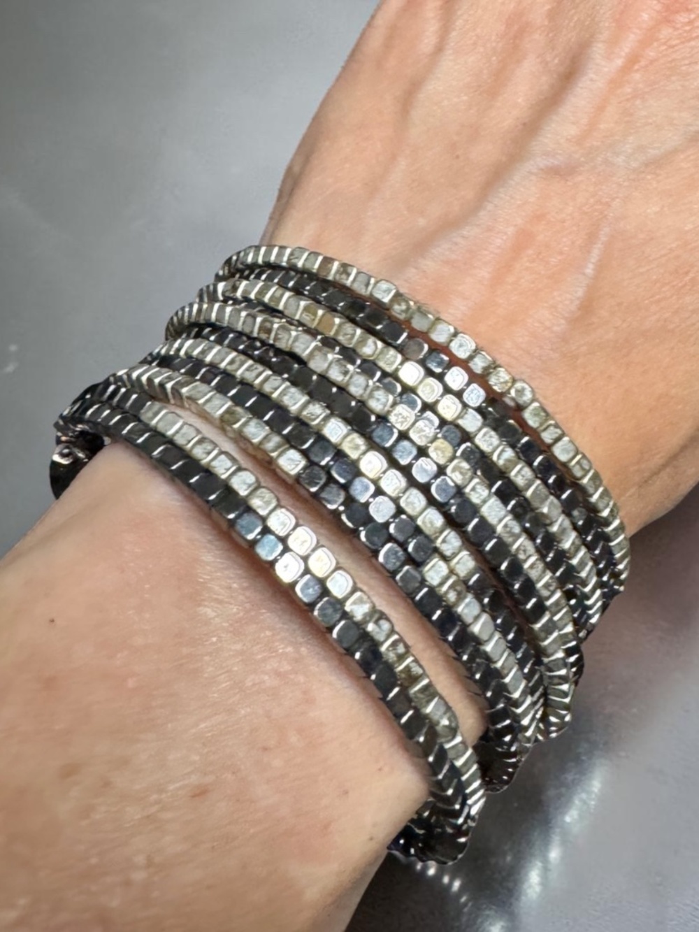 Silver Gunmetal Multi Wrap Coil Bracelet Square Bead Memory Wire
